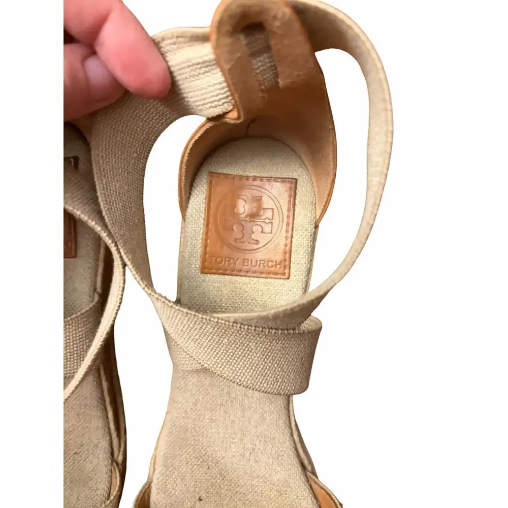 Tory Burch Adonis Beige Canvas Espadrille Wedge Sandals Sz 8.5